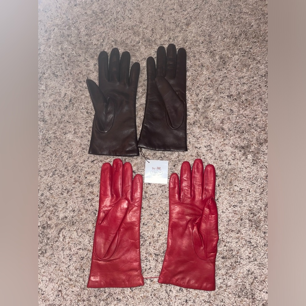 Coach Women's Red and Black Gloves 100% Leather shell Cashmere lining Size 7.5
